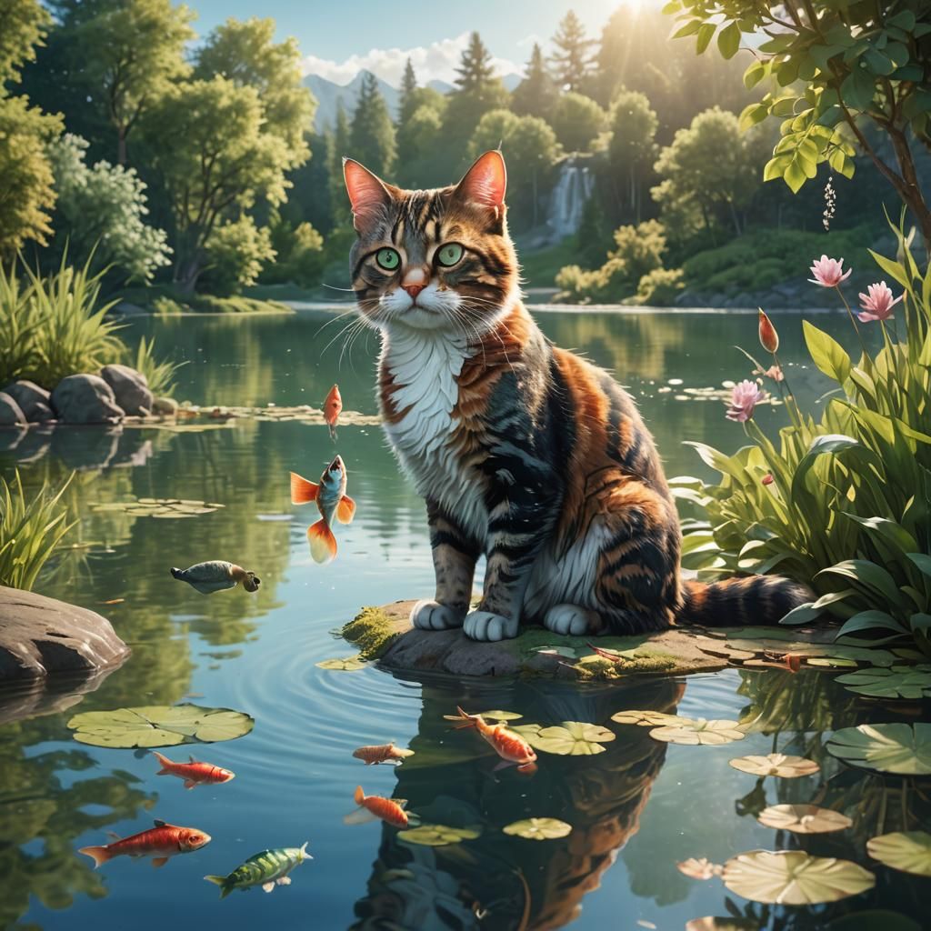 Multicolored Cat by Serene Lake: Fantasy Concept Art