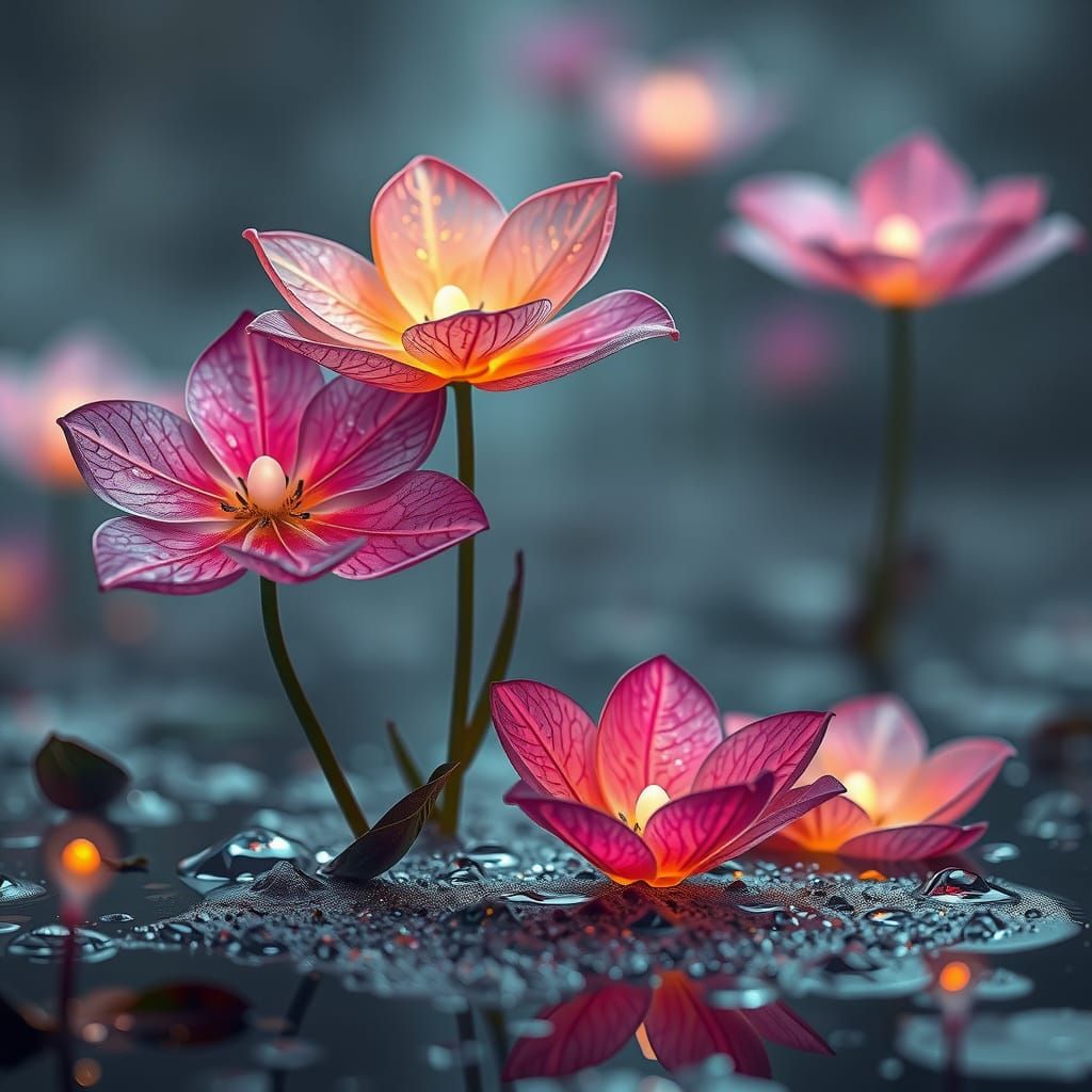 Mystical Glass Flowers in Bubbling Water