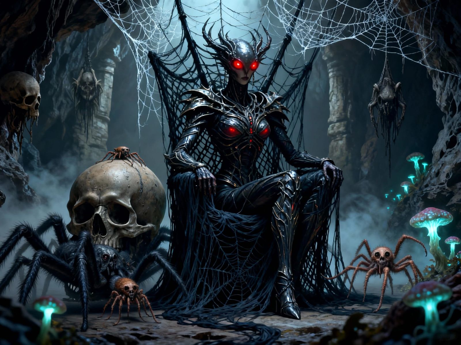 Regal Spider Queen on Silk Throne in Dark Fantasy Art