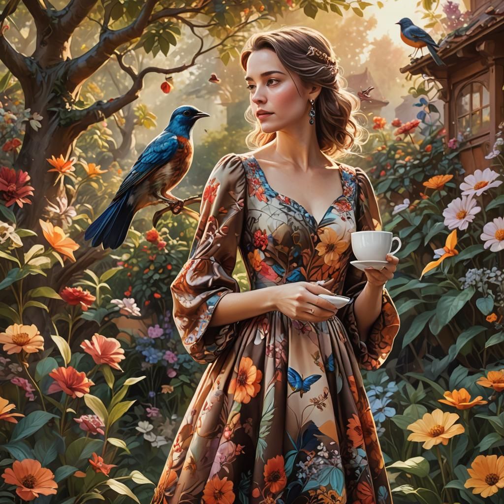 Woman and Songbird in Whimsical Garden Painting