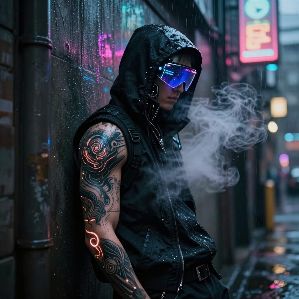 Cybernetic Figure in Neon Alley