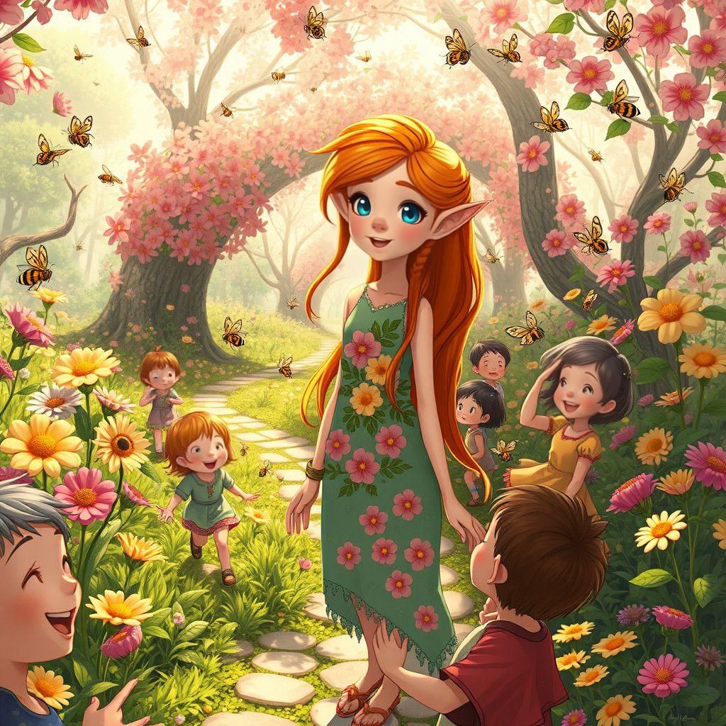 Enchanting Spring Elf Surrounded by Children: Ghibli Style