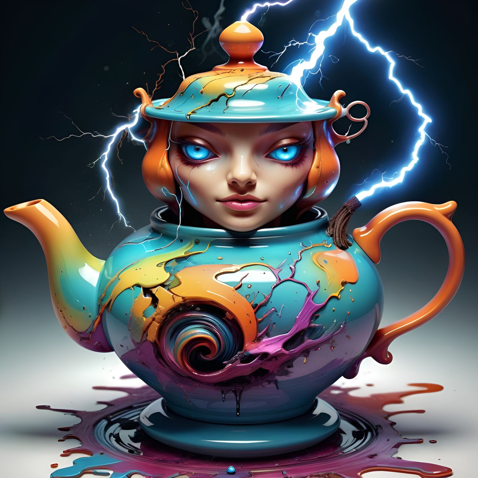 Eccentric Clay Teapot with Lightning: Digital Illustration