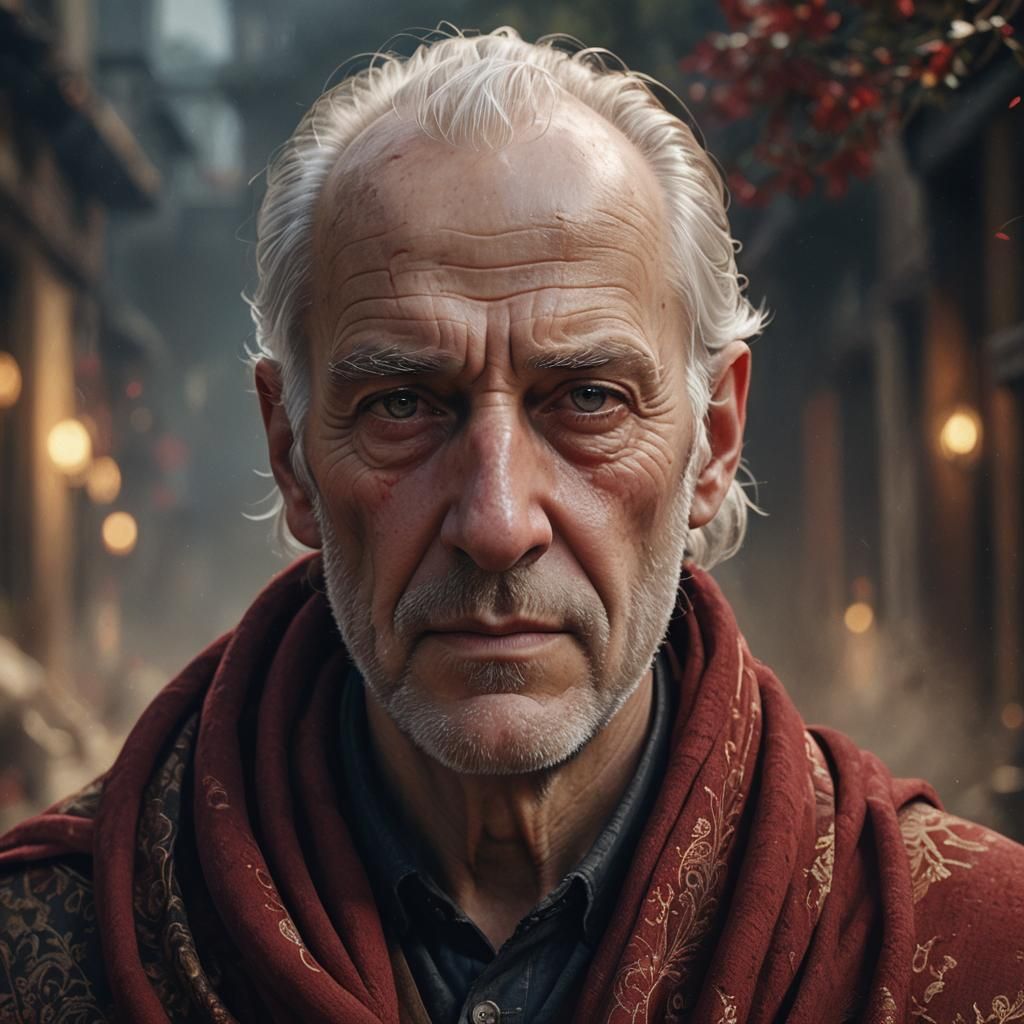 Hyperrealistic Portrait of an Elderly Man in Crimson Shawl
