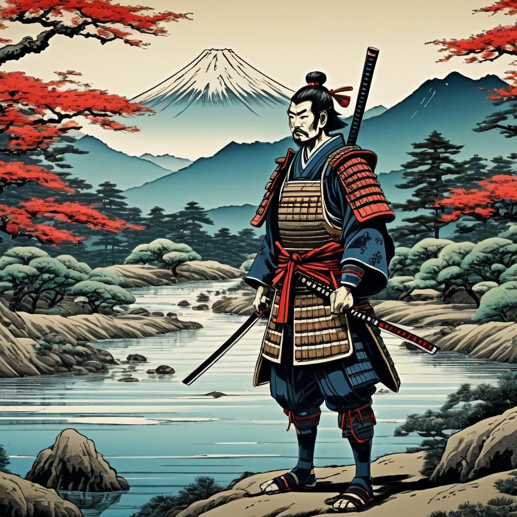 Samurai at River's Edge in Ukiyo-e Style