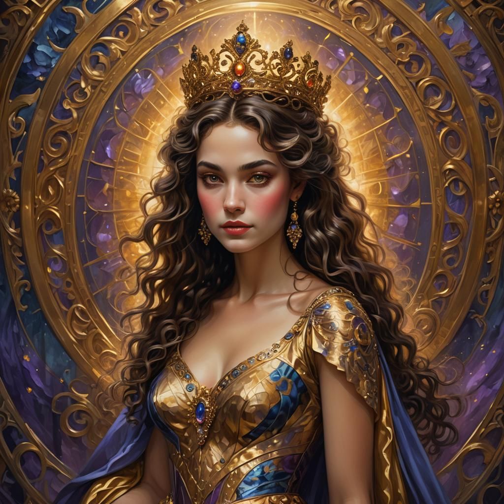 Regal Queen with Golden Eyes, in Art Nouveau Style