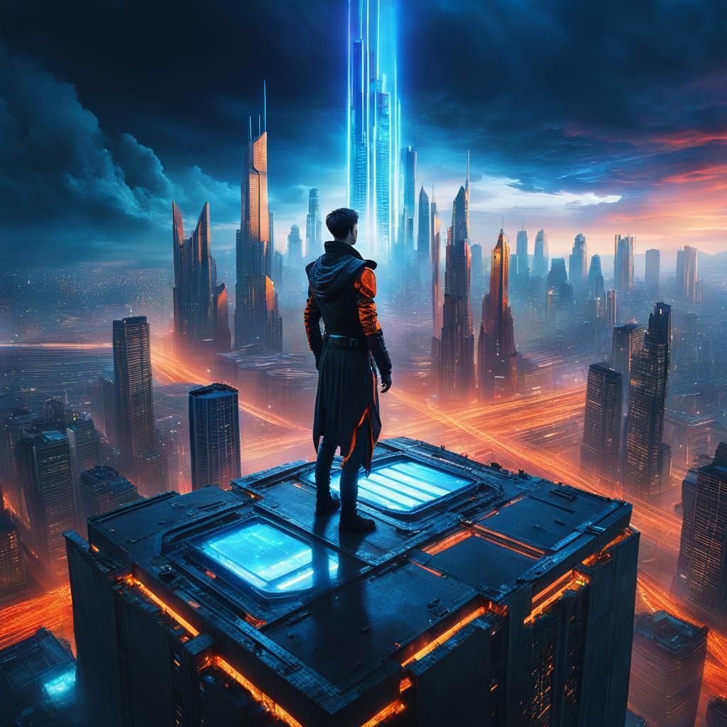 Utopian Cyberpunk Cityscape with Ethereal Figure