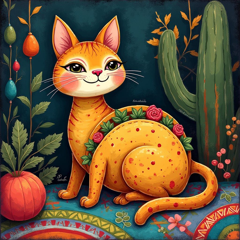 Whimsical Taco Cat in Dreamlike Illustration Style