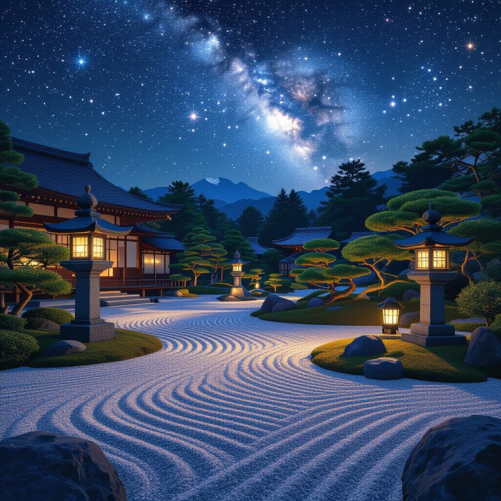 Celestial Japanese Garden with Bonsai, Digital Art