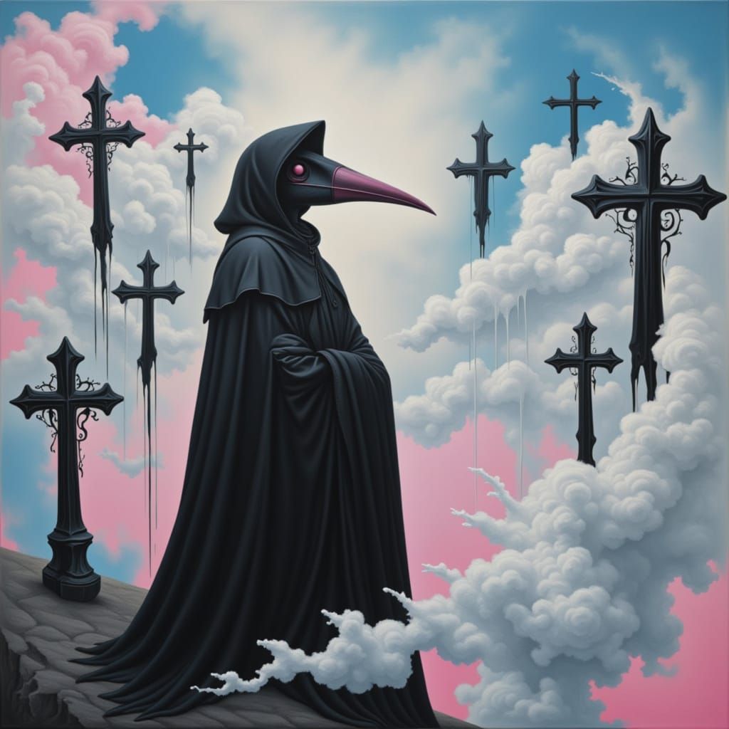 Surreal Plague Doctor Amidst Heavenly Crosses in Dreamlike L...