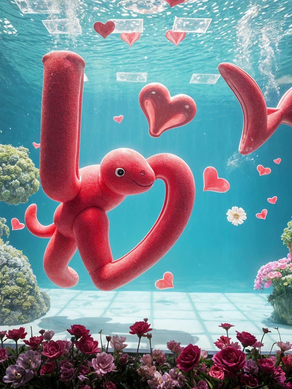 Giant Aquarium with Flowers and Valentine Card, Strong Shado...