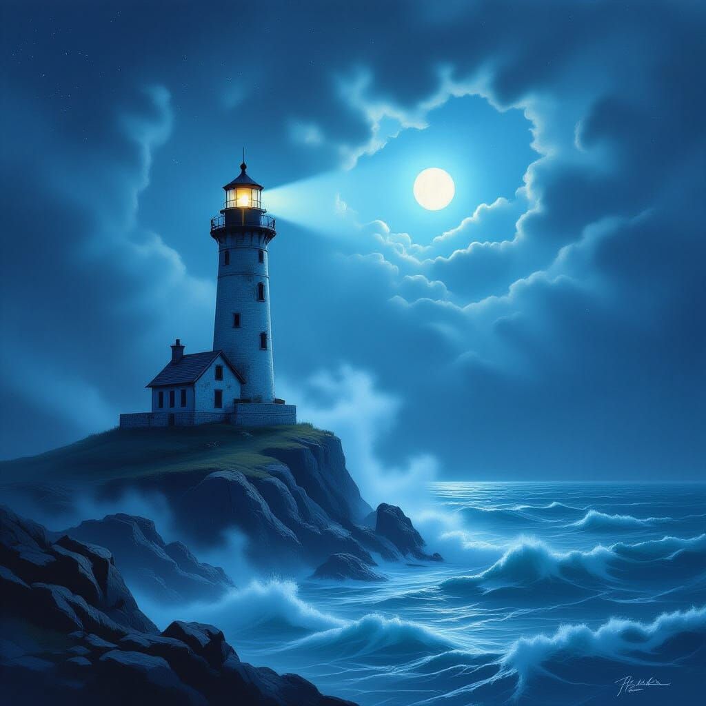 Weathered Lighthouse Against Starry Sky in Mist