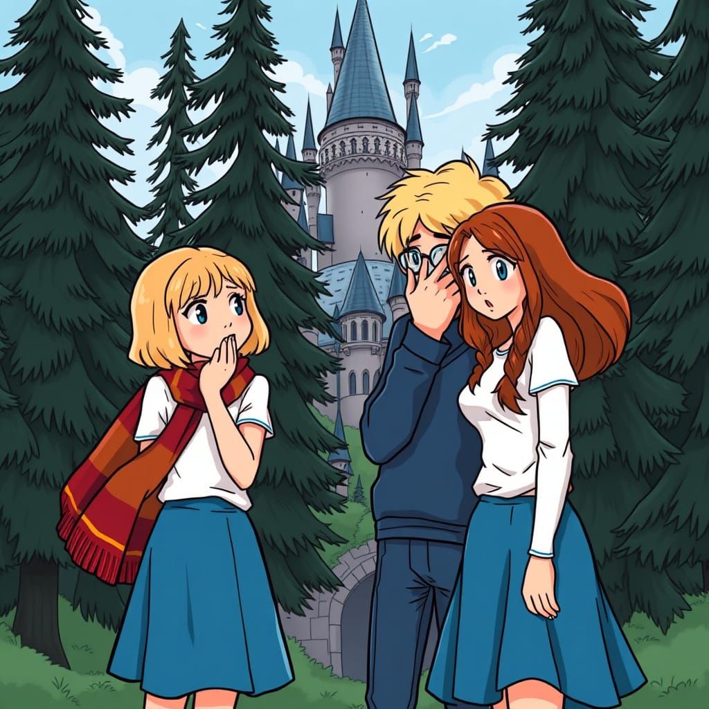 Cartoon Girls at Hogwarts with Harry Potter