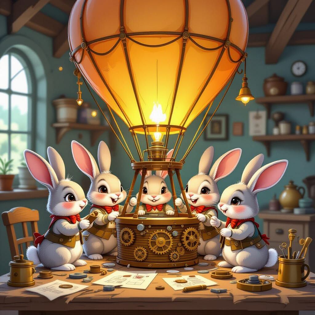 Steampunk Rabbits Assemble Whimsical Hot Air Balloon