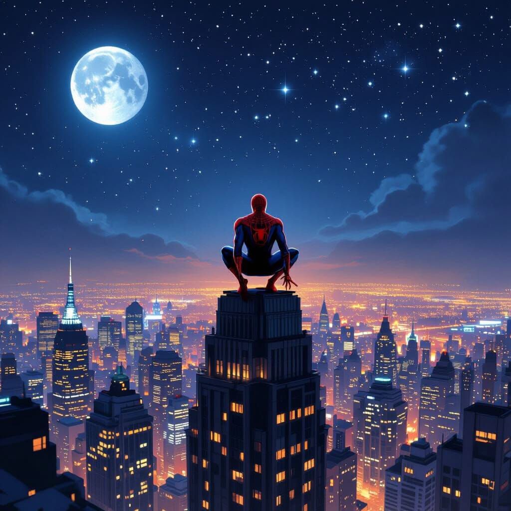 Spider-Man Overlooking a Starry Cityscape
