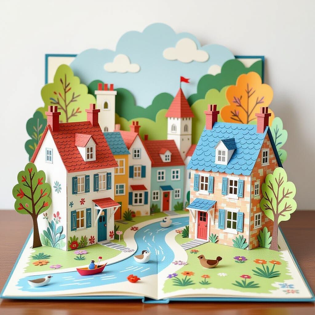 Whimsical Town Scene in Pop-Up Book Style