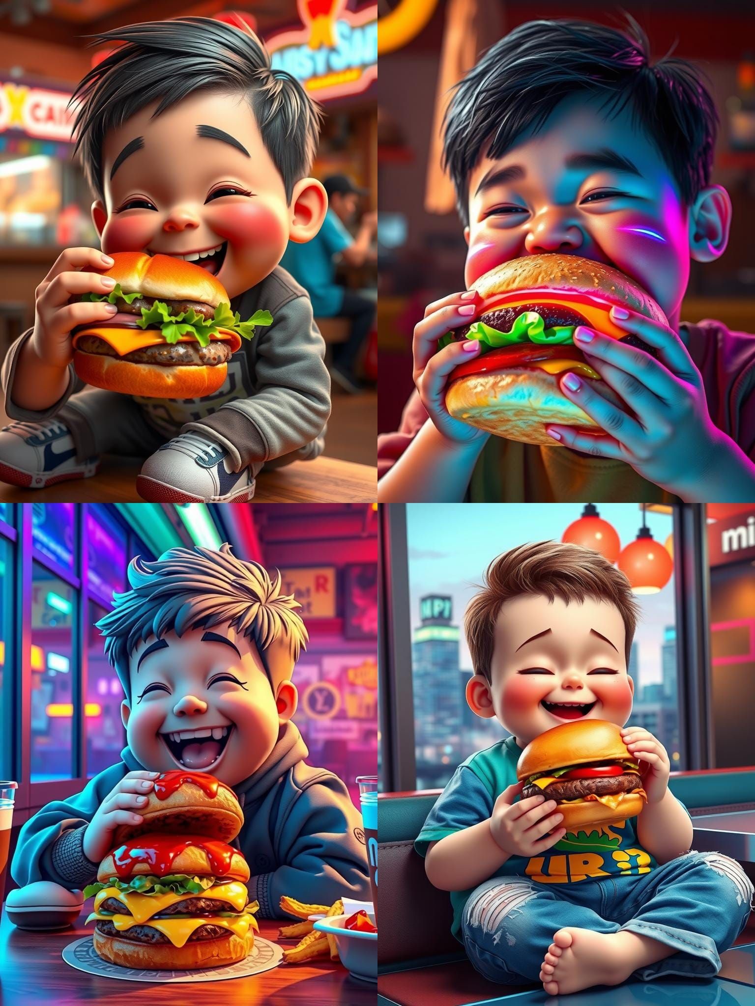 Hyperrealistic Boy Eating Hamburger in 8K