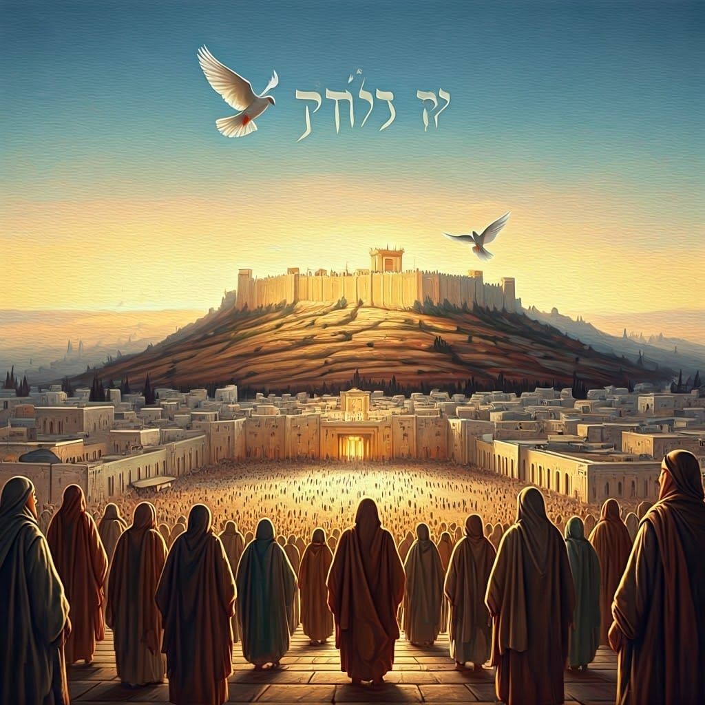 Jerusalem Temple Scene with Doves and Hebrew Text