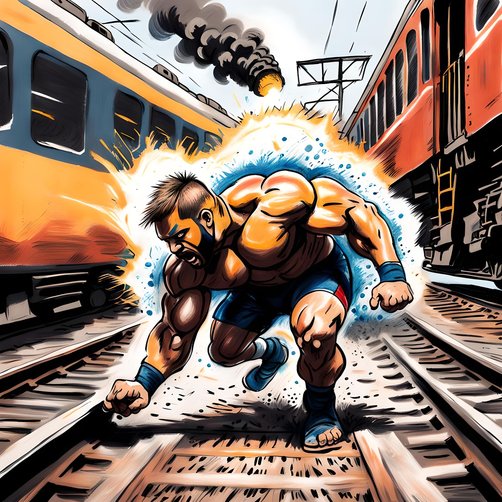 Child's Crayon Art: Wrestler Throws Exploding Train