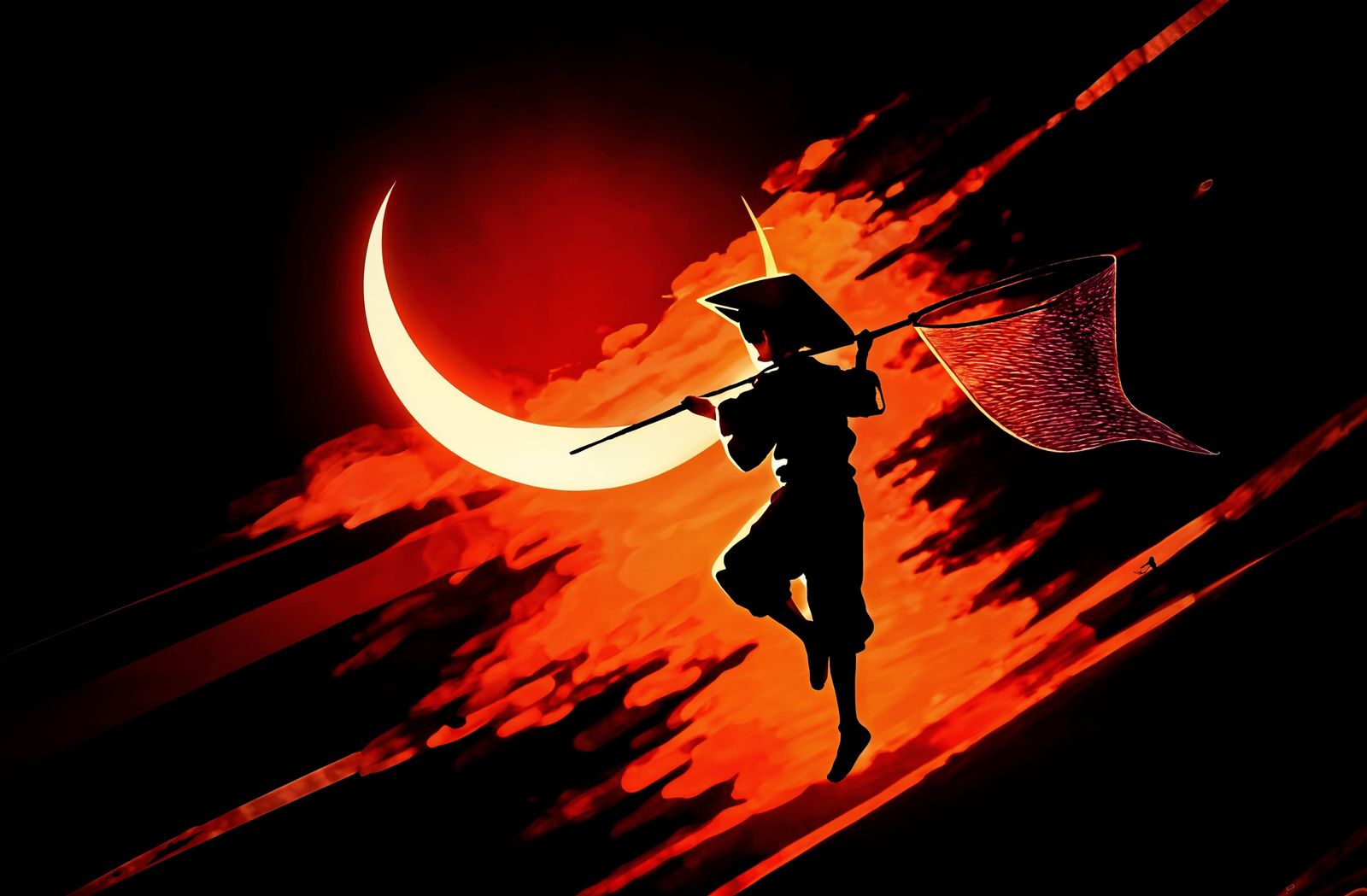 Boy Chasing Moon with Net in Oriental Style