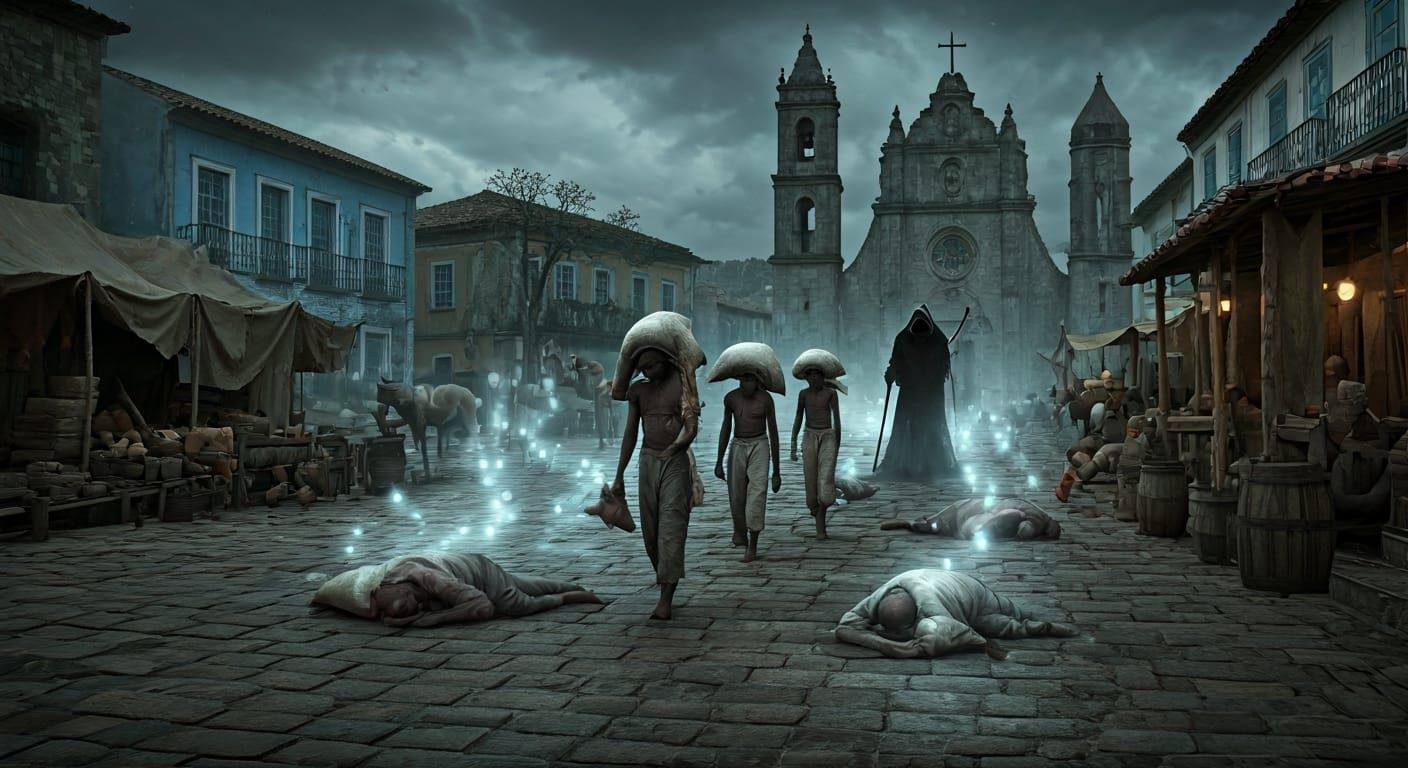 Enslaved People and Cloaked Figure in Dark Colonial Landscap...