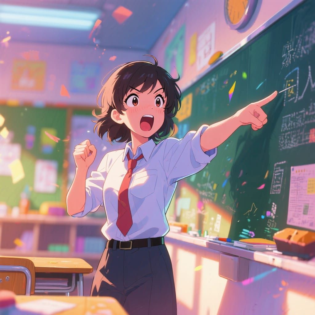 Energetic Teacher in Vibrant Classroom, Cartoon Art