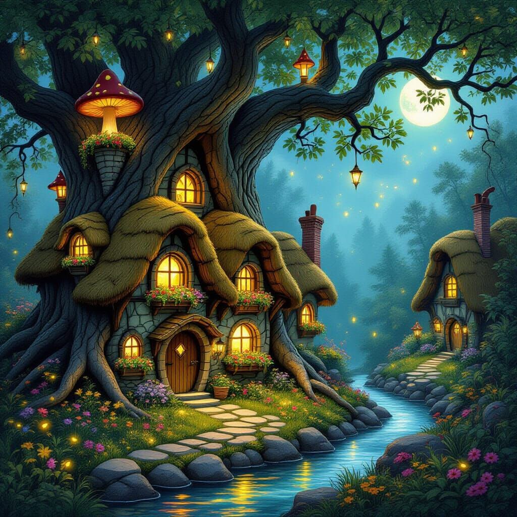 Enchanted Fairy Village in Ancient Oak, Dark Fantasy Art