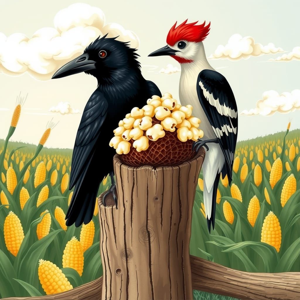 Crow and Woodpecker Share Popcorn in Cornfield