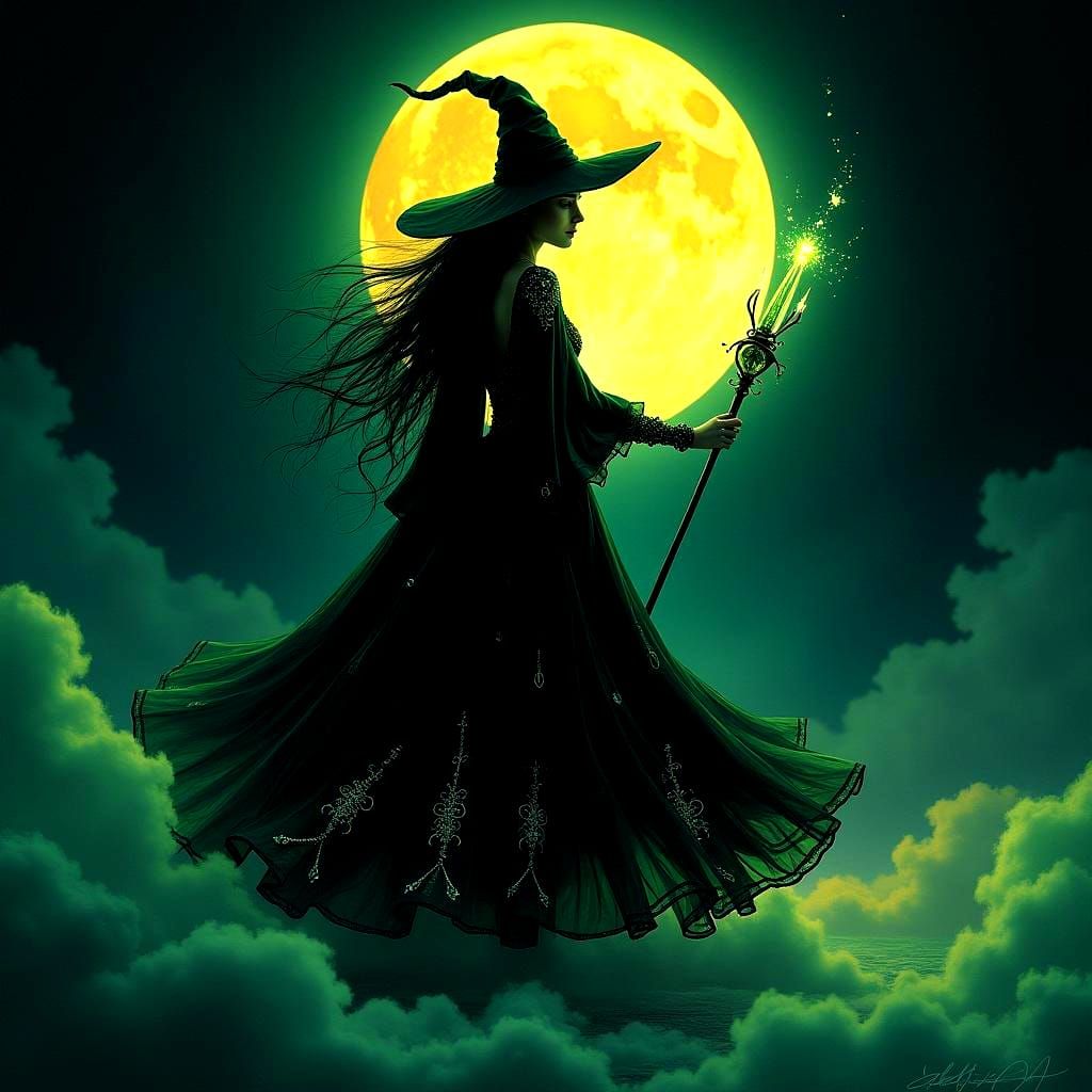 Enchanting Witch with Magic Wand and Moonlit Scene