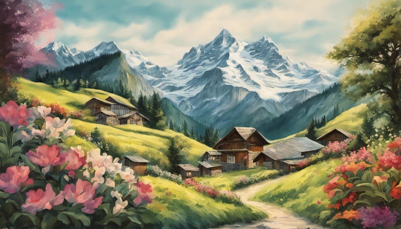 Swiss Mountain Landscape with Hut and Flower Garden