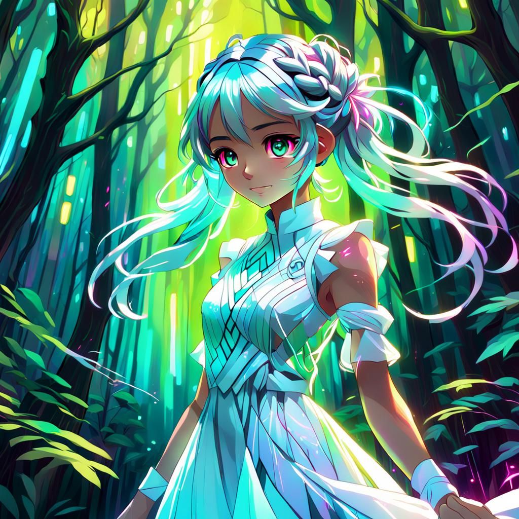 Anime Girl in Glowing Forest: Neon Concept Art