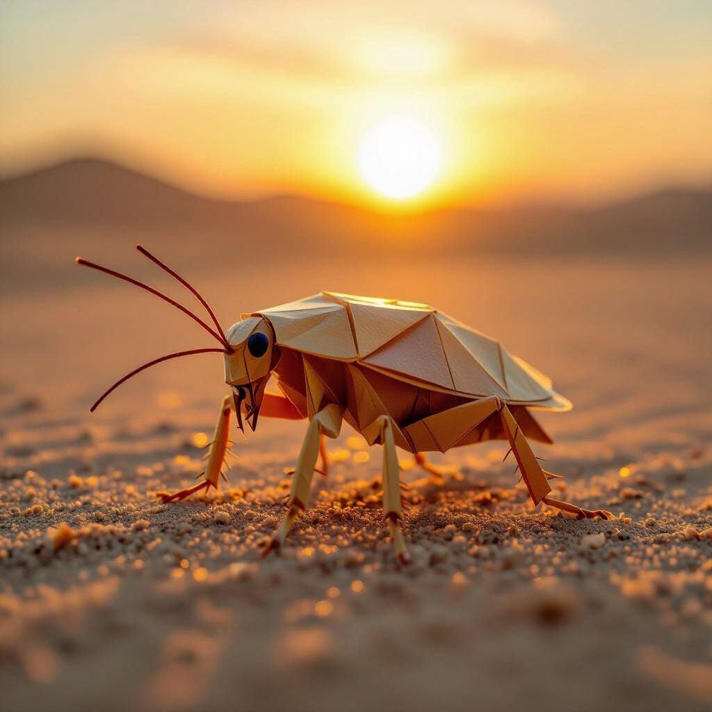 Origami Cockroach in Desert Sunset Macro Photo