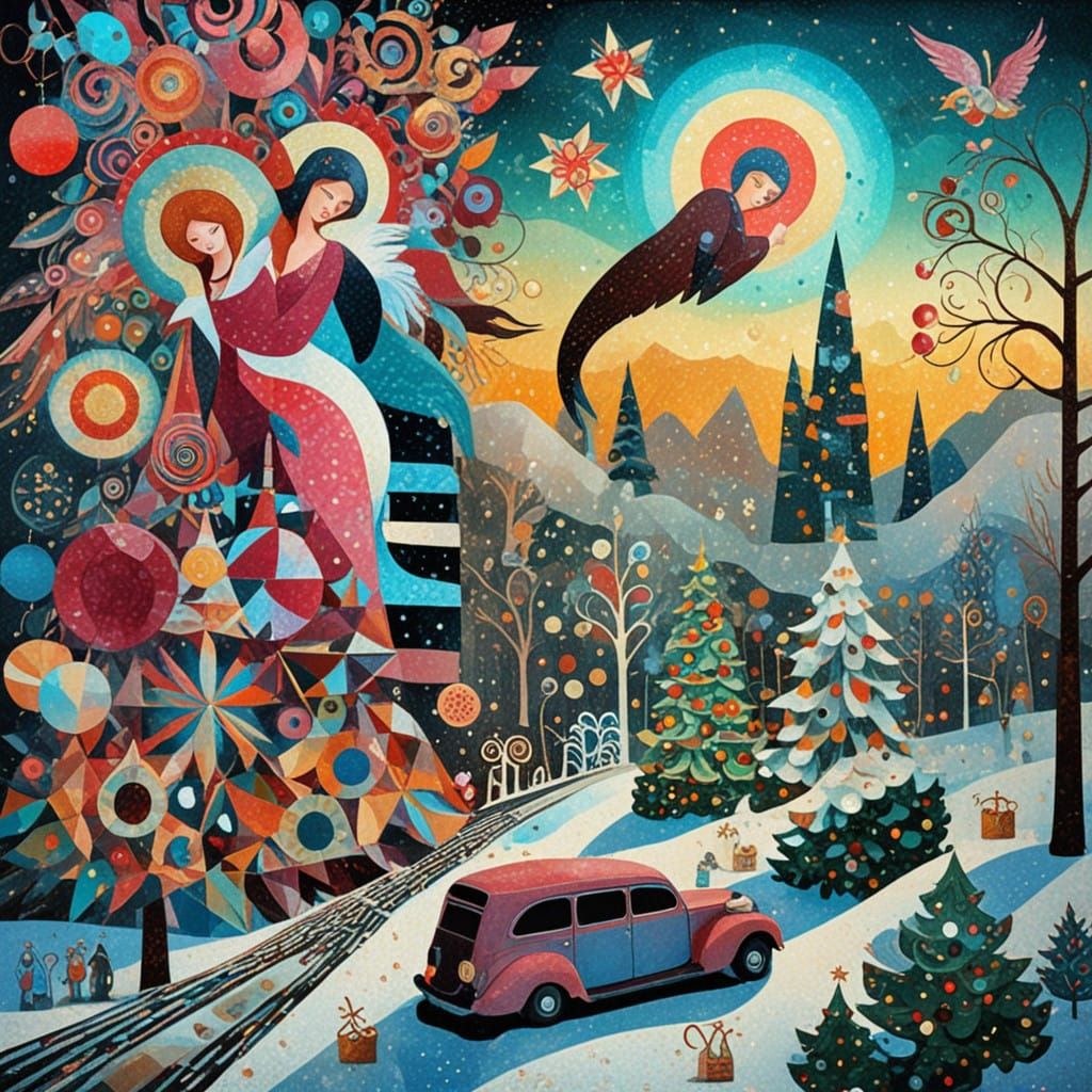 Surreal Christmas Angel Shines Among Geometric Tree