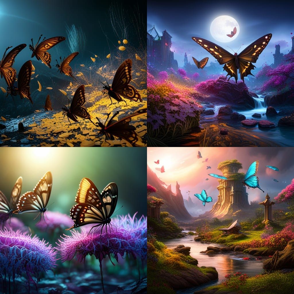 Detailed Butterflies in a Fantasy Landscape