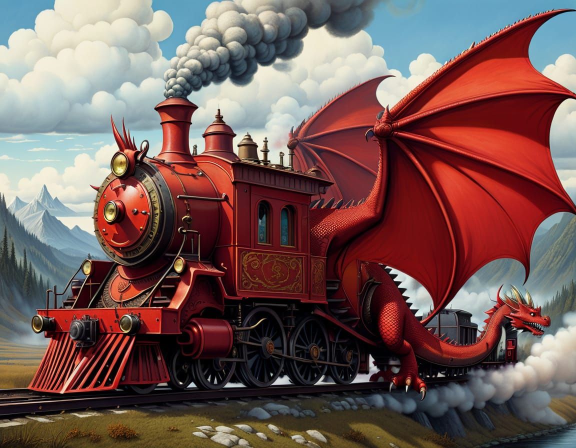 Surreal Dragon-Train Hybrid in Clockpunk Landscape