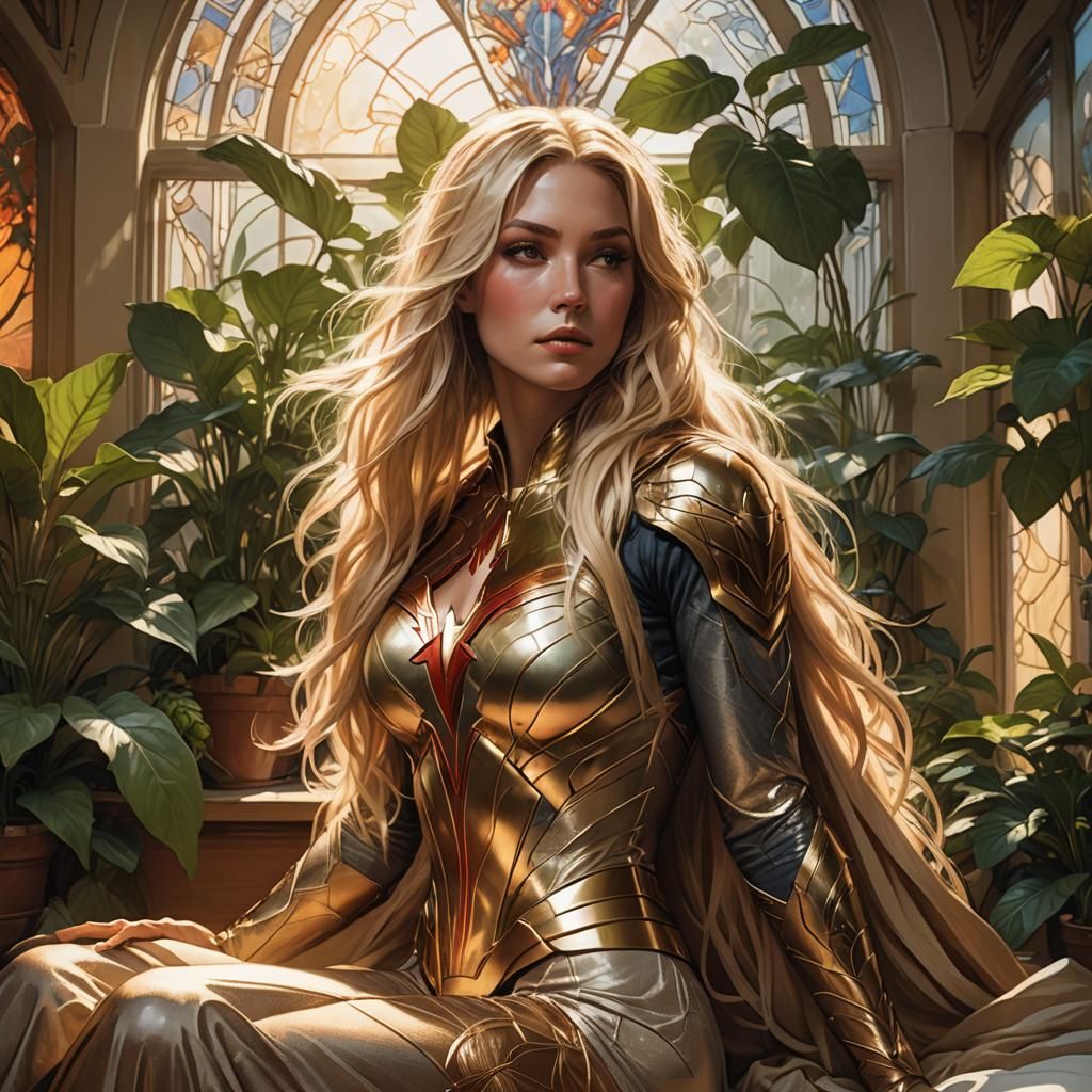 Blonde Superhero in Cozy Room, Art Nouveau Style