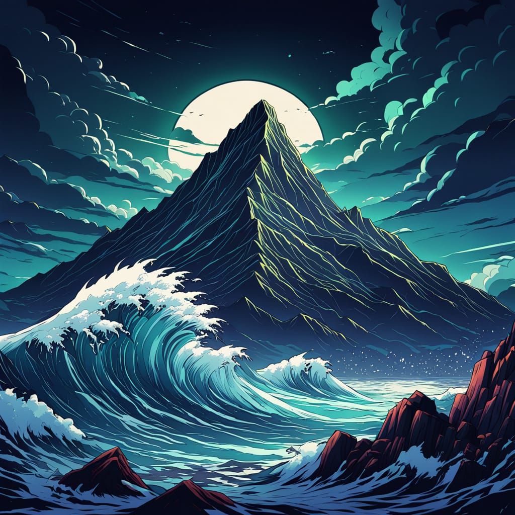 Anime Mountain Meets Stormy Sea in Studio Trigger Style