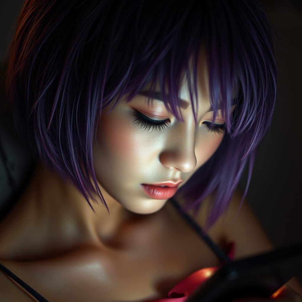 Grungy Woman Absorbed in Phone, Cinematic Portrait
