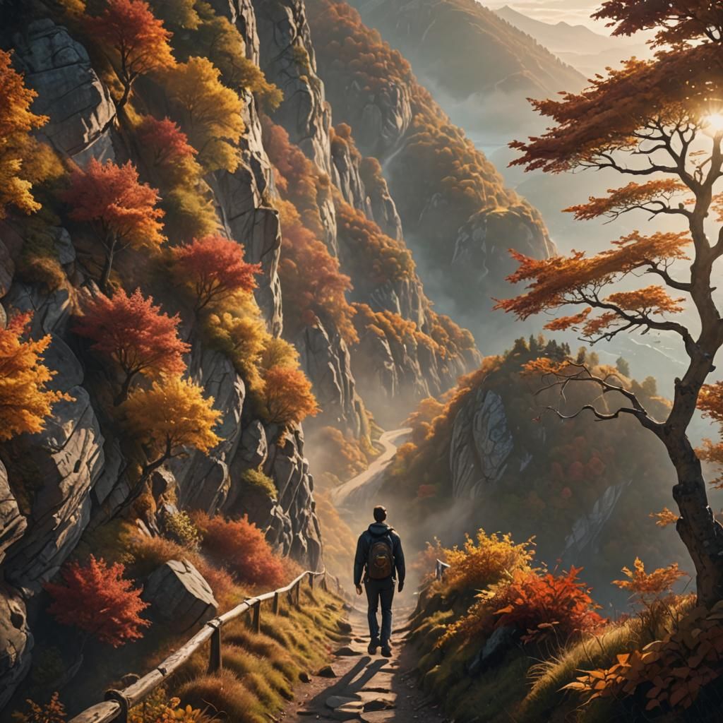 Hiker on Mountain Path in Vivid Digital Art