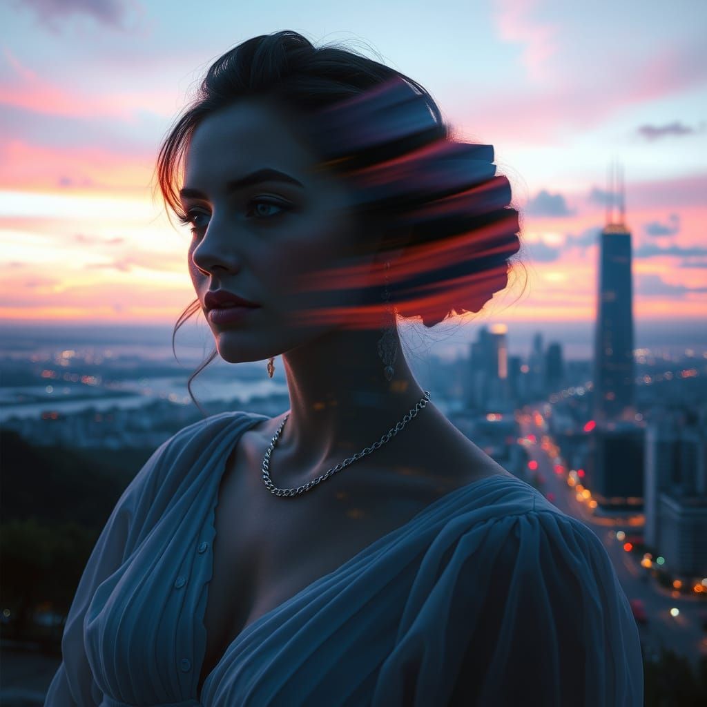 Surreal Futuristic Portrait of Elegant Woman in Dreamy Citys...