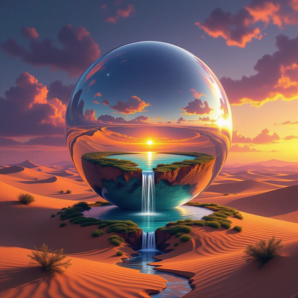 Chrome Sphere Oasis in Golden Desert Sunset