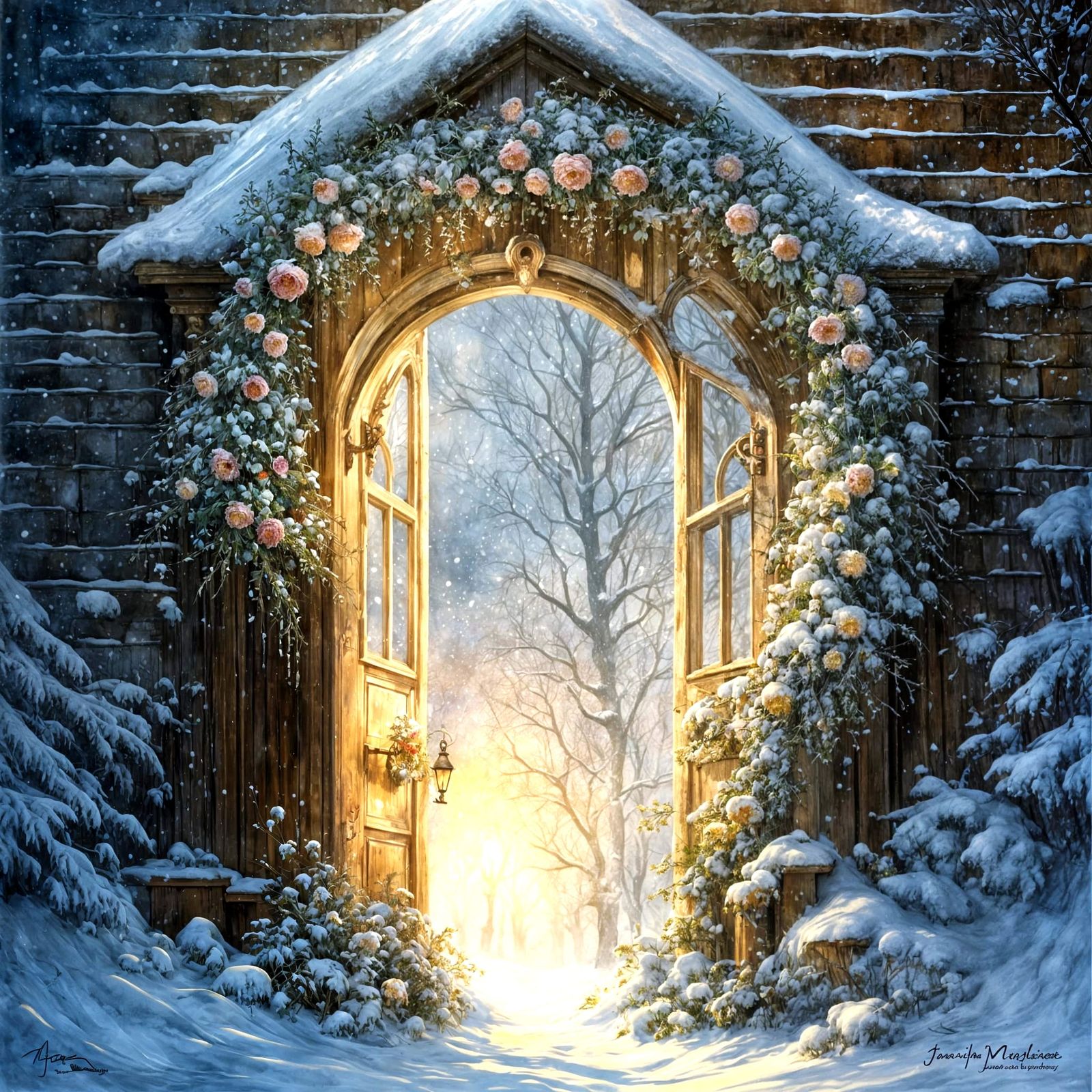 Surreal Winter Wreath in Watercolour Style