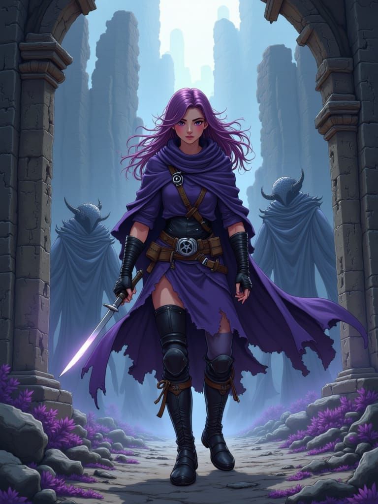 Female Rogue Fighting Demons in Pen and Ink Style