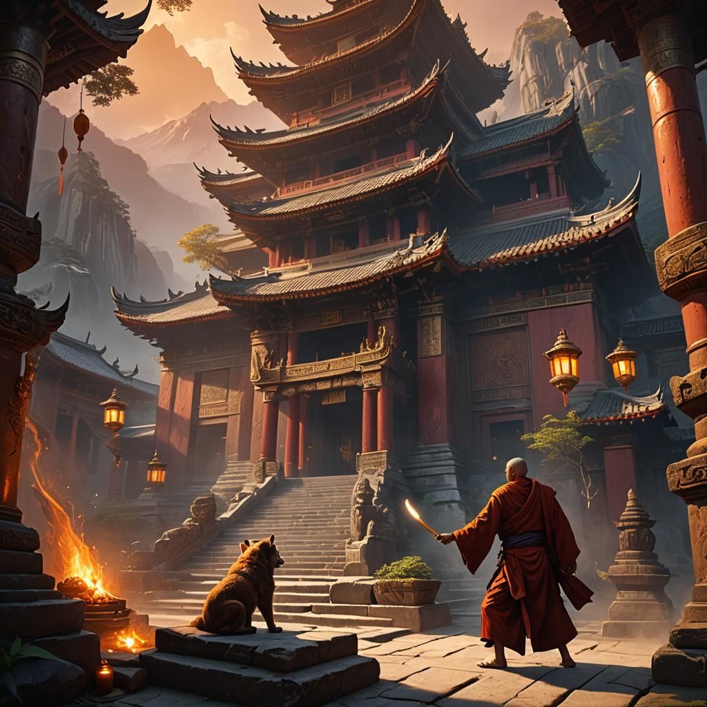 Monk Battles Werewolf in Misty Temple