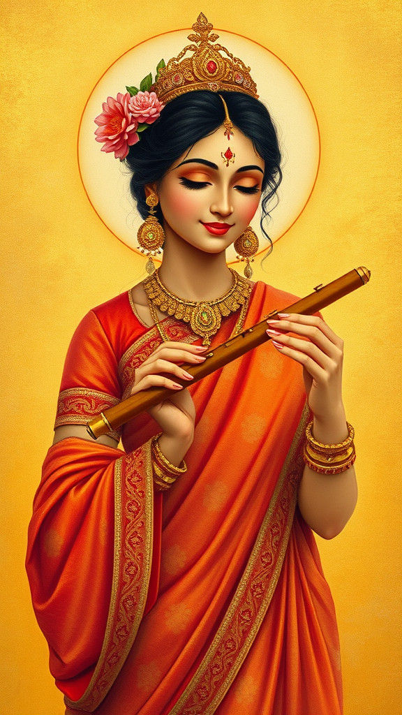 Goddess Radha with Flute in Indian Miniature Style