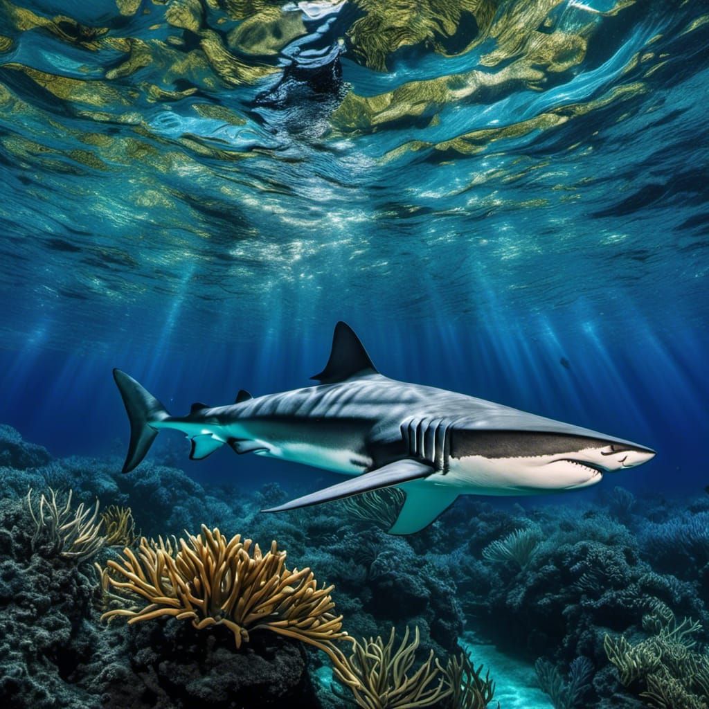 Tiger Shark in Blue-Green Ocean: Photorealistic Close-Up