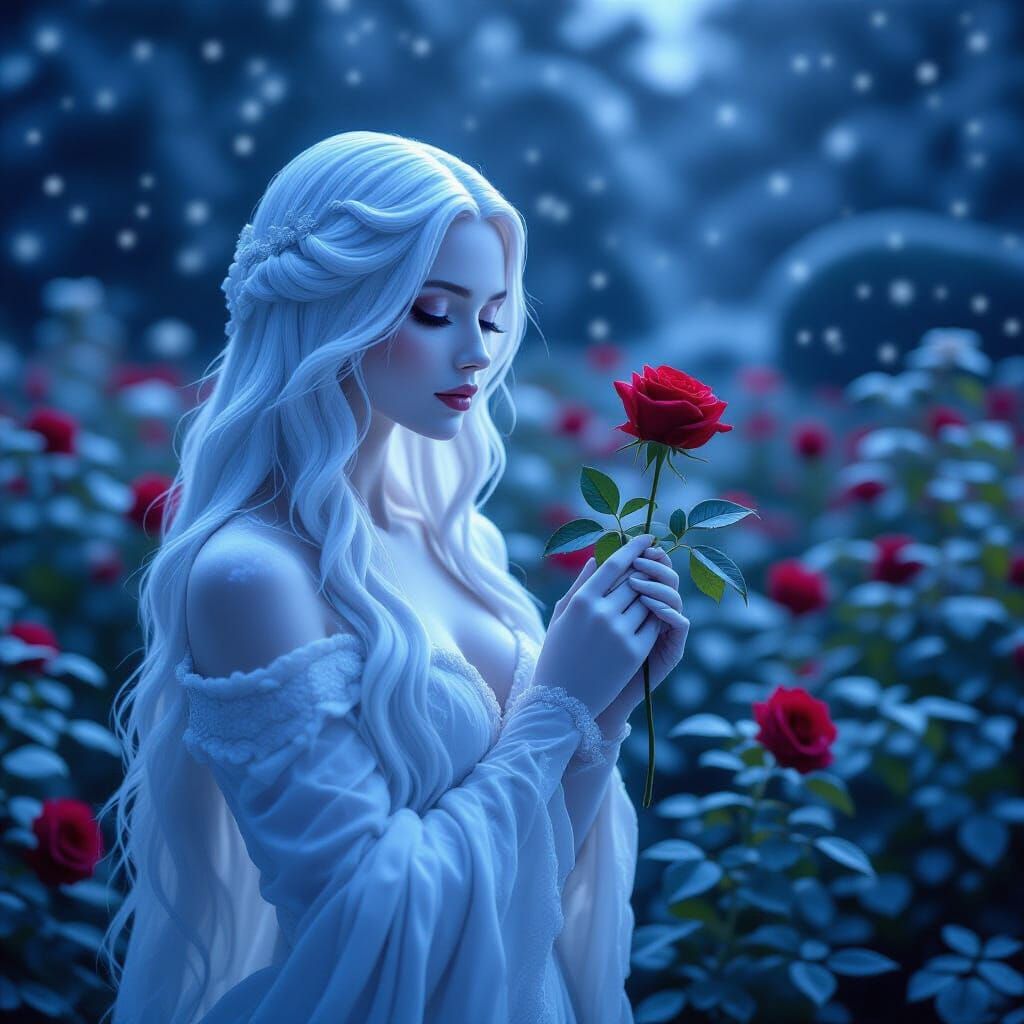 Frozen Woman with Red Rose in Frosty Garden
