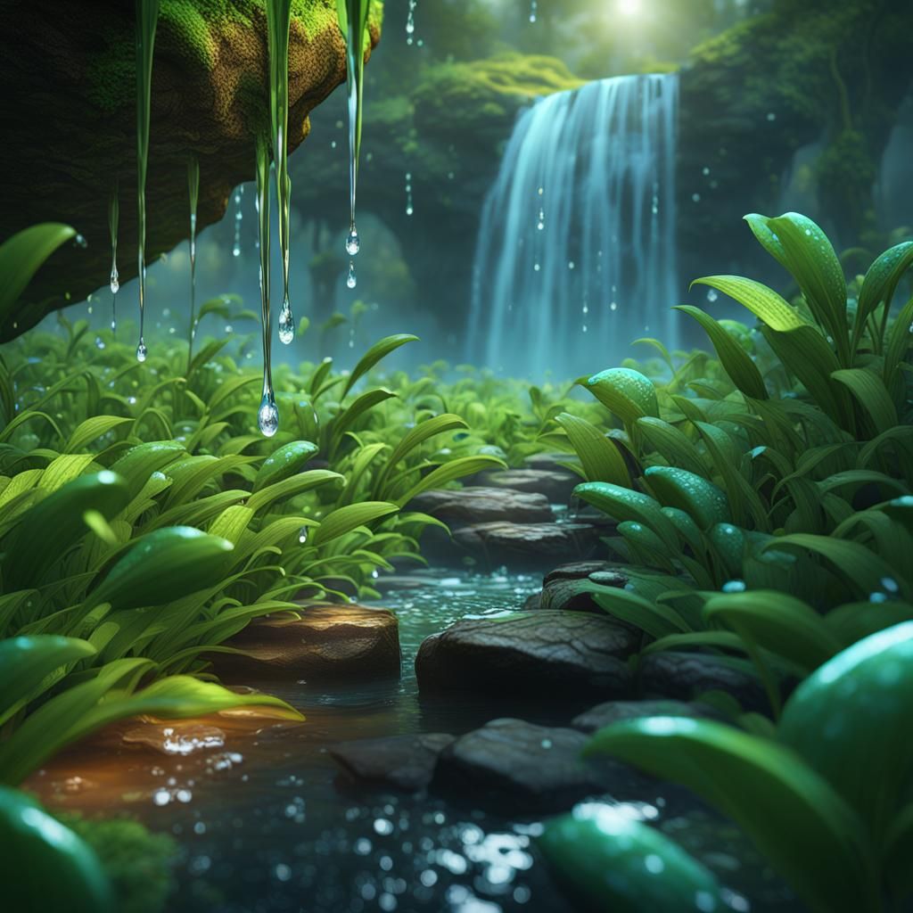 Waterfall Scene Reflected in Falling Dew Drop