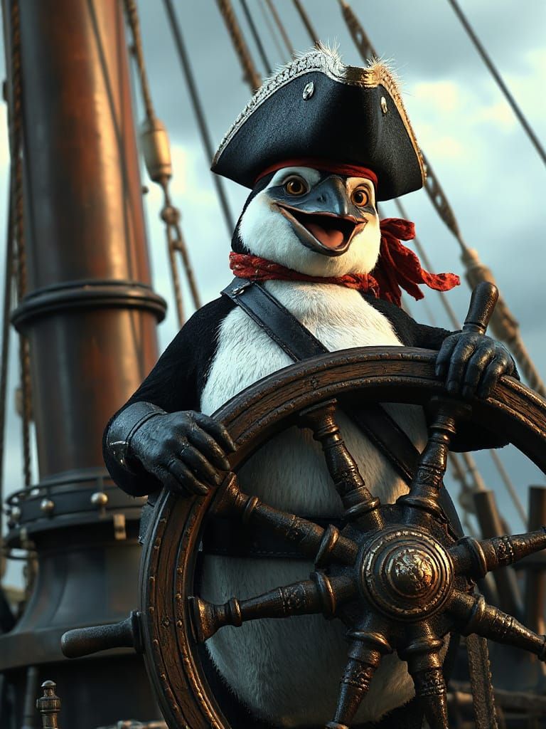 Antagonistic Pirate Penguin Commands a Ship