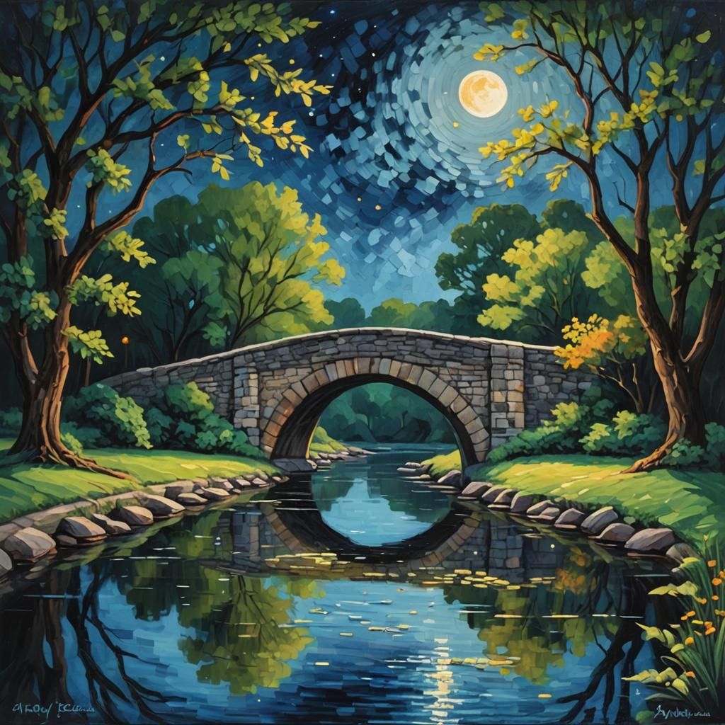 Moonlit River Under Arch in Expressionist Style